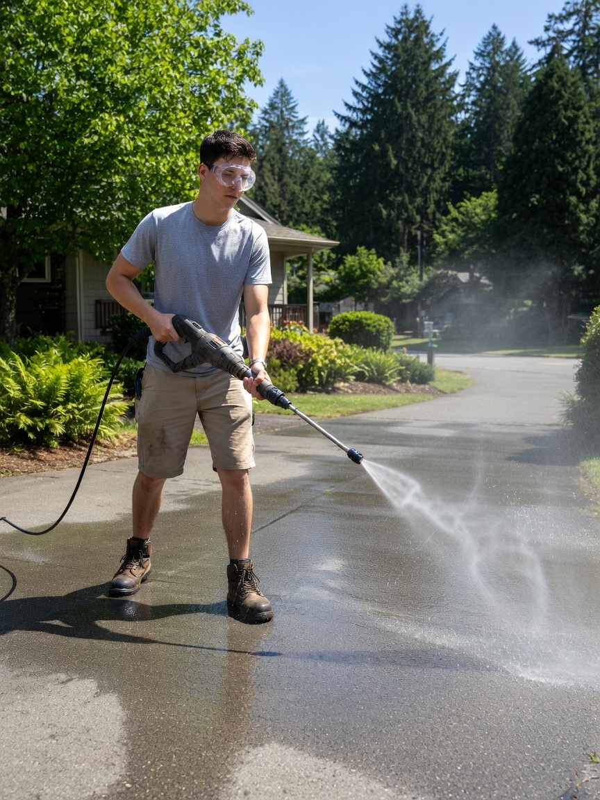 Aidan Cole using the pressure washer wand