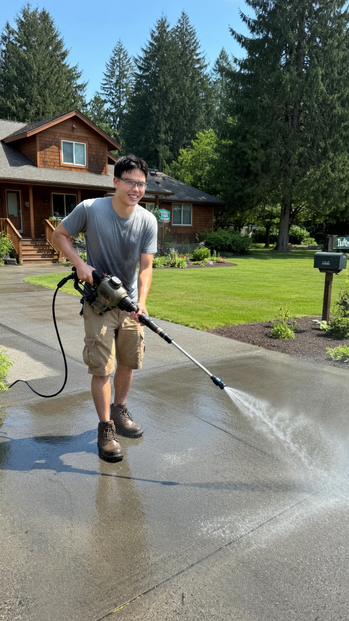 Aidan Cole power washing a driveway