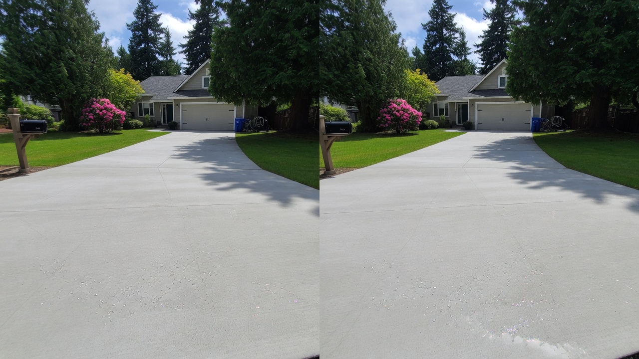 Clean bright concrete driveway after power washing