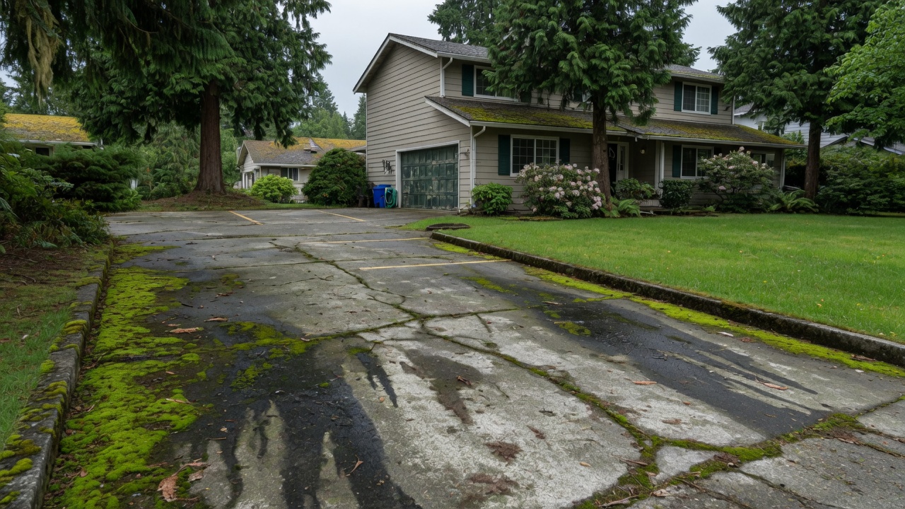 Dirty moss-covered driveway before power washing