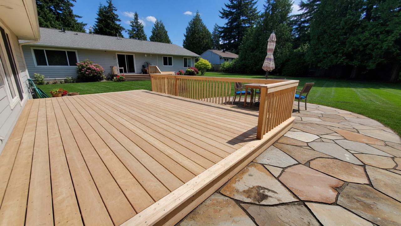 Fresh clean wood deck and stone patio after power washing