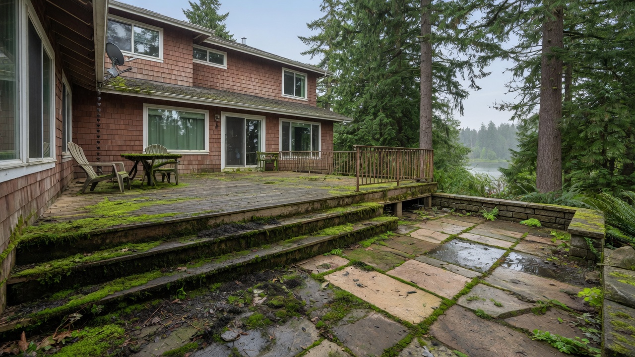 Mossy dirty backyard deck and patio before
